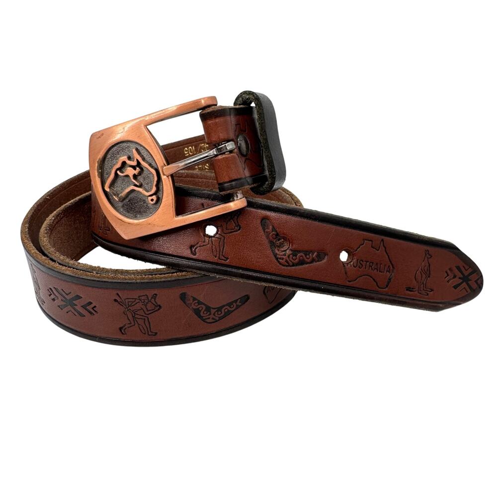 Australia Men's belt 42 brown tooled leather kangaroo copper tone buckle AU map